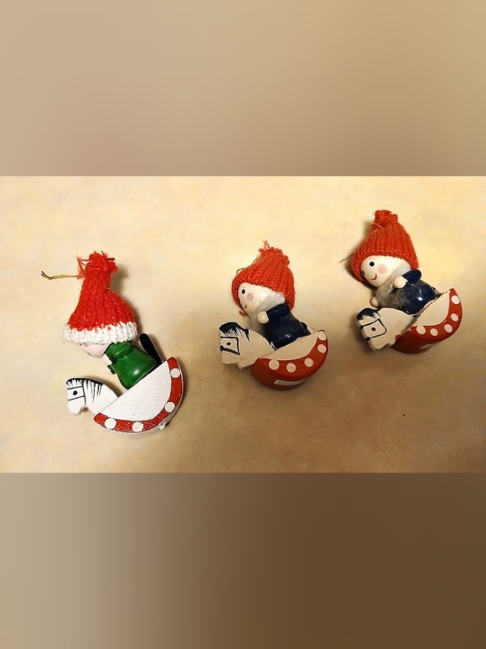 Vintage Small Wooden Rocking Horse Christmas Ornaments Set of 3